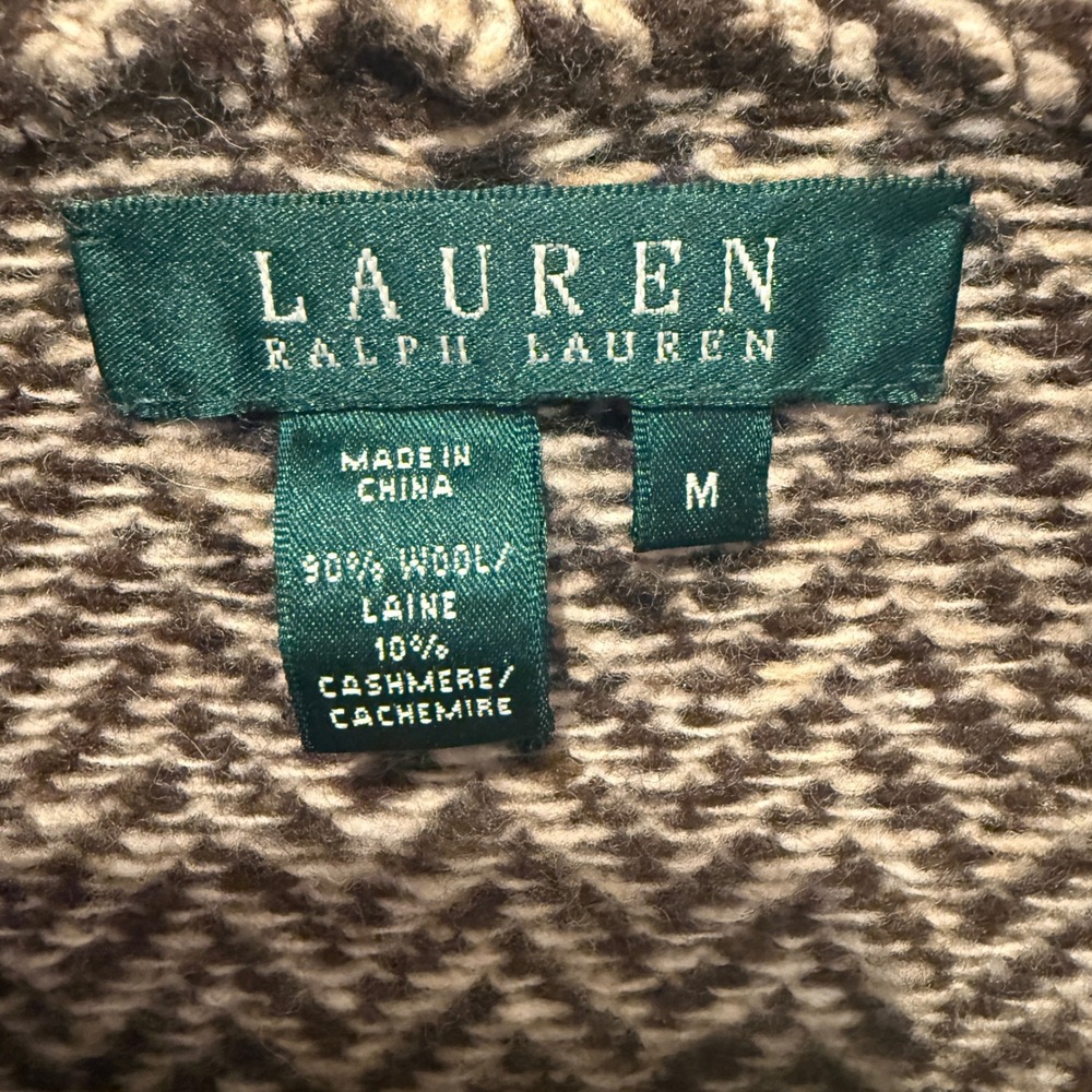 Lauren Ralph Lauren Wool Cashmere Herringbone Shawl Cardigan Brown M - Picture 2 of 8